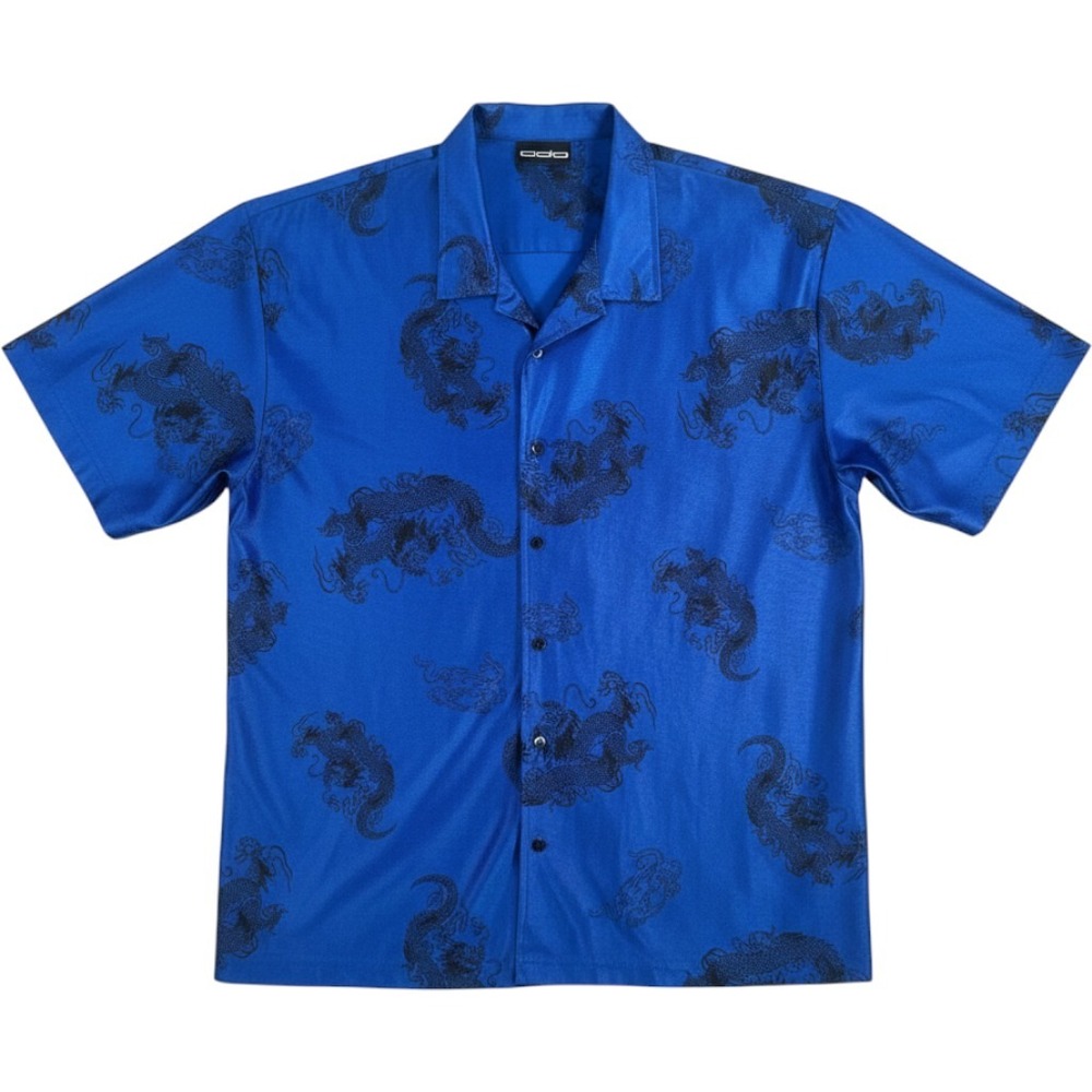 ODO Button Up Shirt Mens XL Blue Dragon Print Short Sleeve Polyester